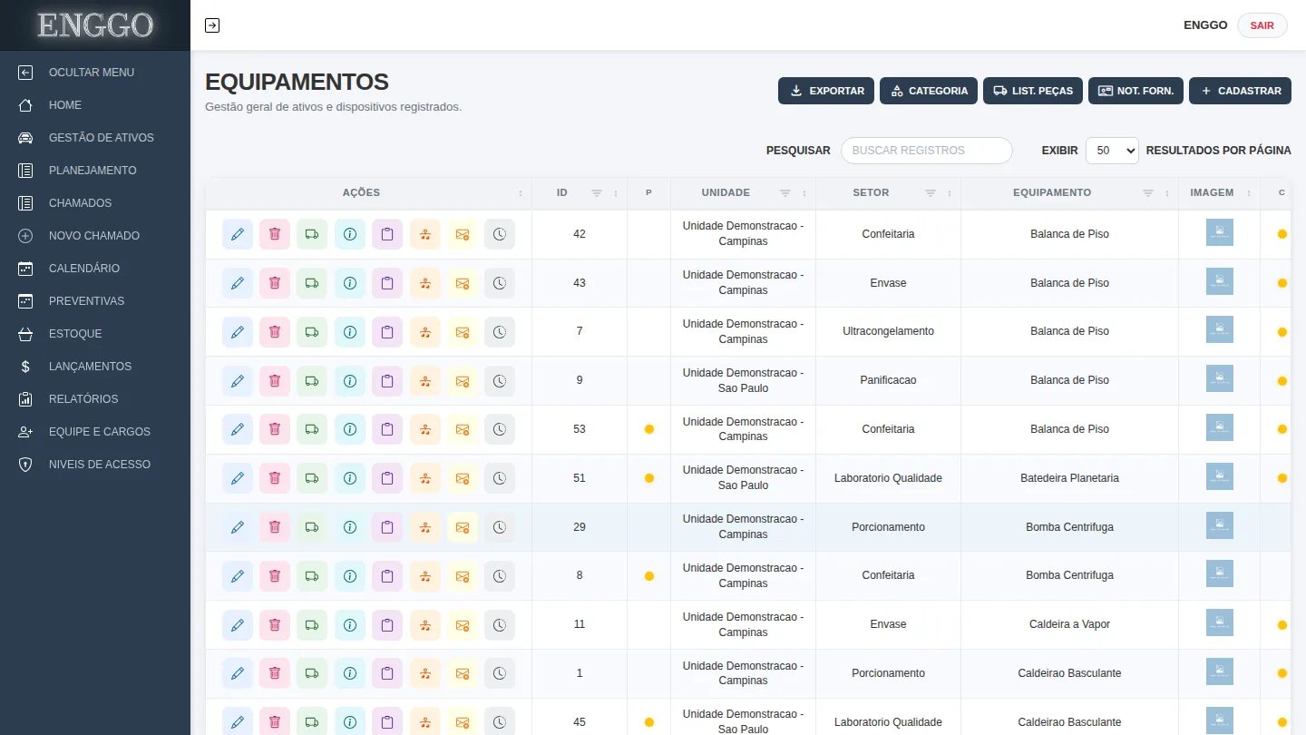 Tela de gestão de ativos e equipamentos da Enggo